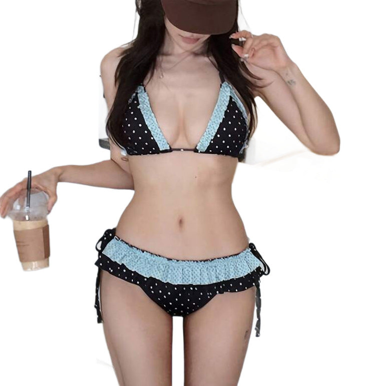 Sexy Bikini Two Piece Set Polka Dot Contrast Color Ruffled Splicing Swimsuit for Women