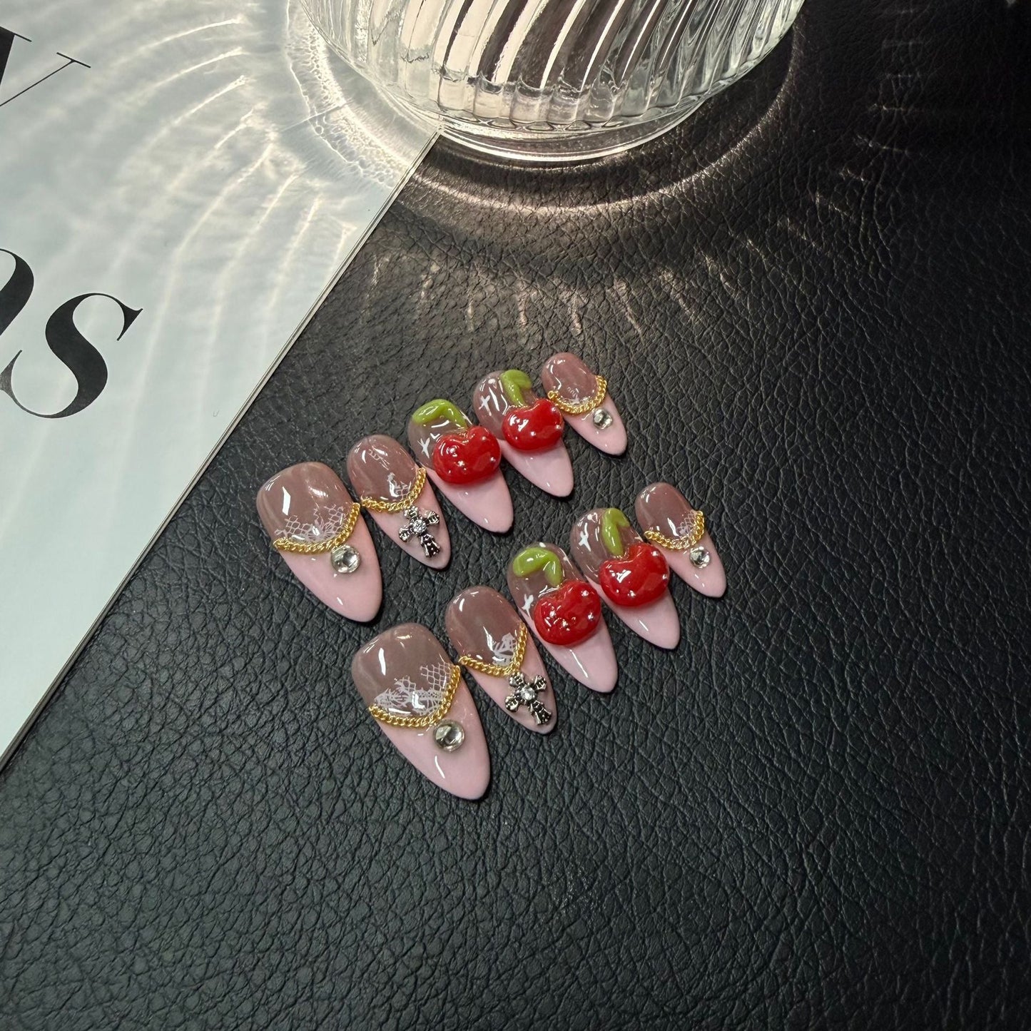 Handmade Press on Nails Pink Stereo Cherry Rhinestone Almond Repeatable