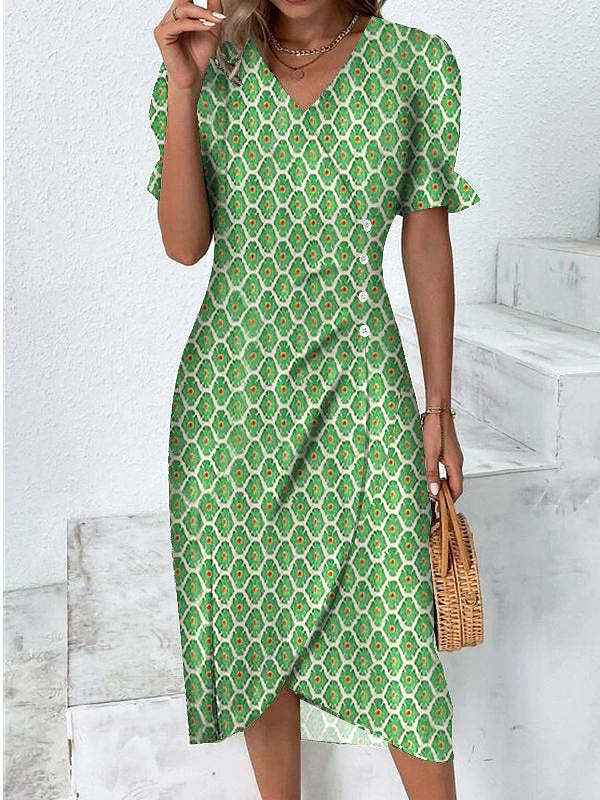 Slim-fit Women's Geometric Collage Bubble Sleeves Irregular hem Dress Sub Female Split Dress Summer Floral dress