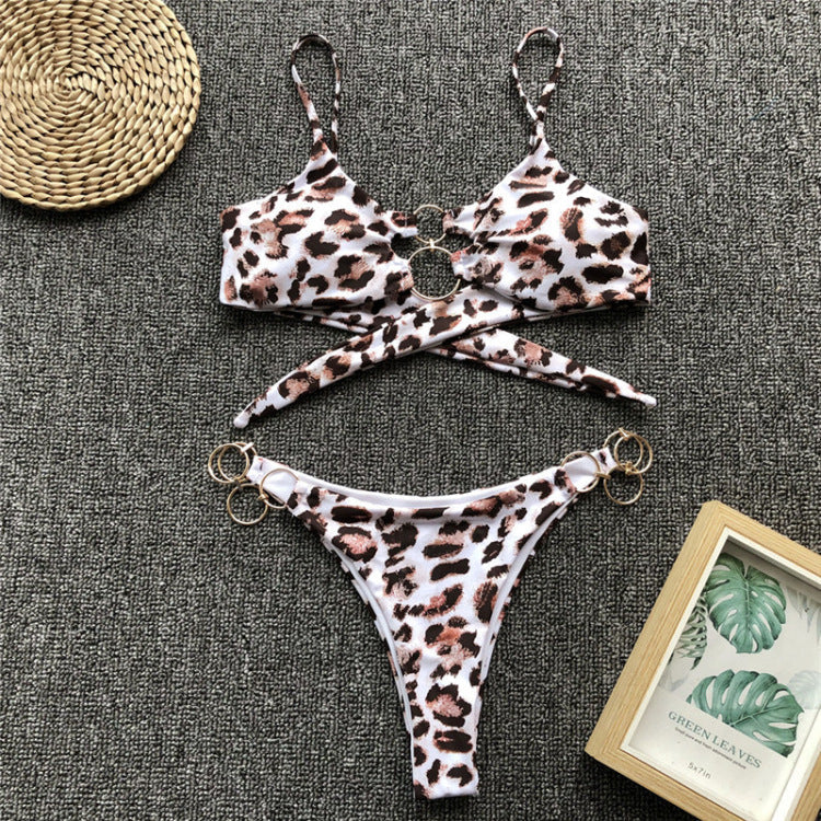 Swimsuit female sexy triangle bikini leopard print hollowed out babes wind small breasts gather resort hot spring beach swimsuit