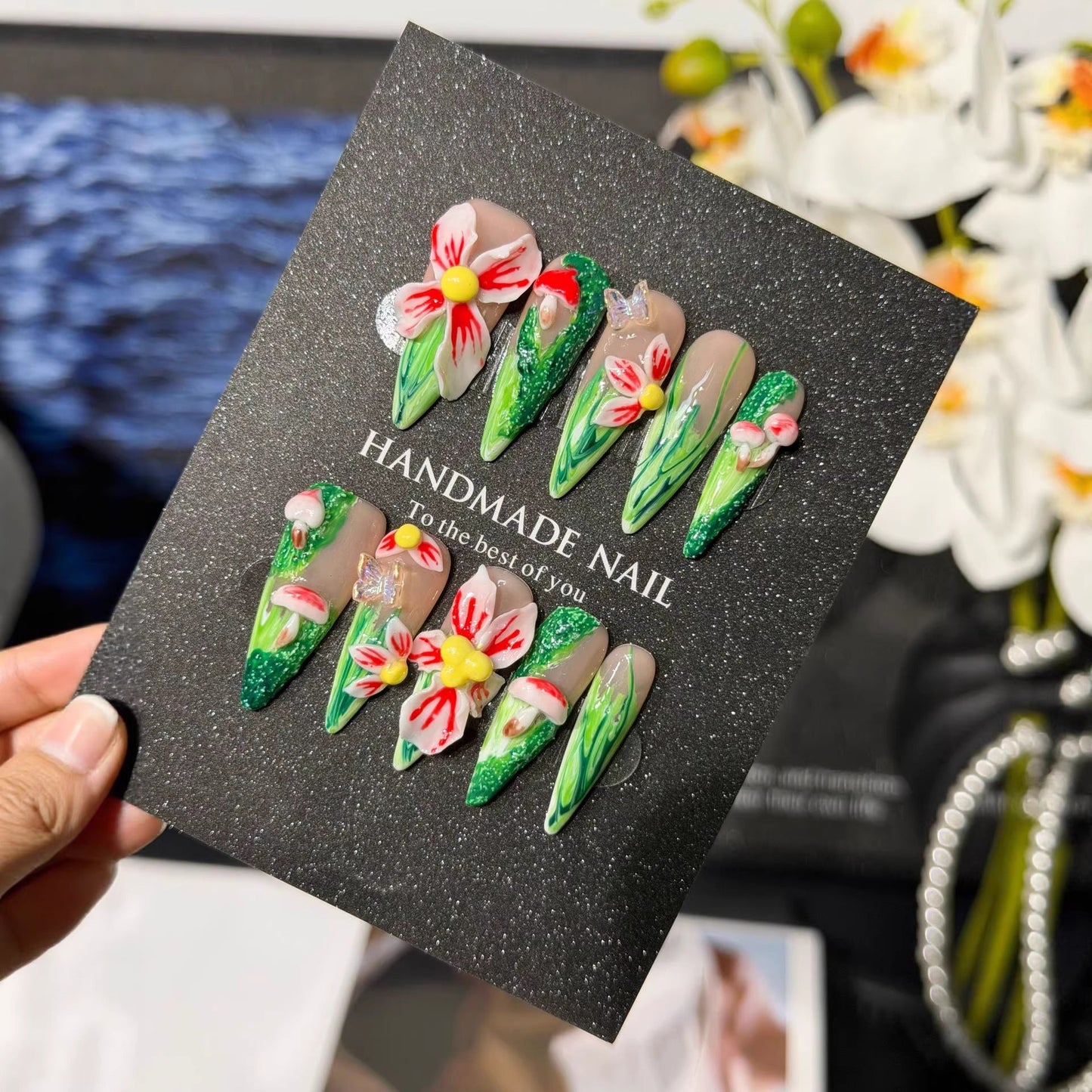 Premium Press on Nails 3D Carving Pinch Mushroom Nail Premium Handmade Nail Sheet Batch