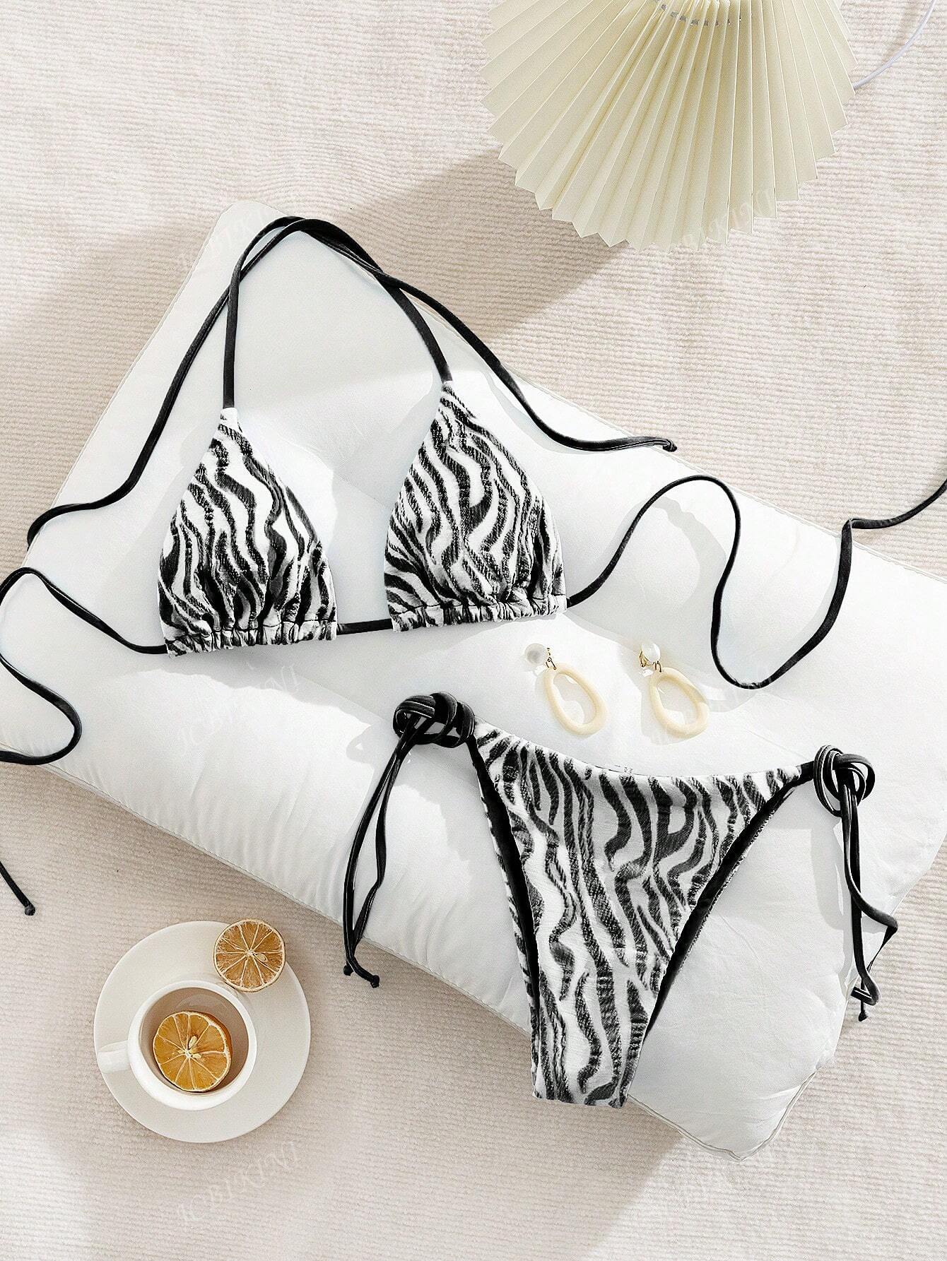 Women's Swimsuit Water Wave Pattern Bikini Set with Straps Sexy