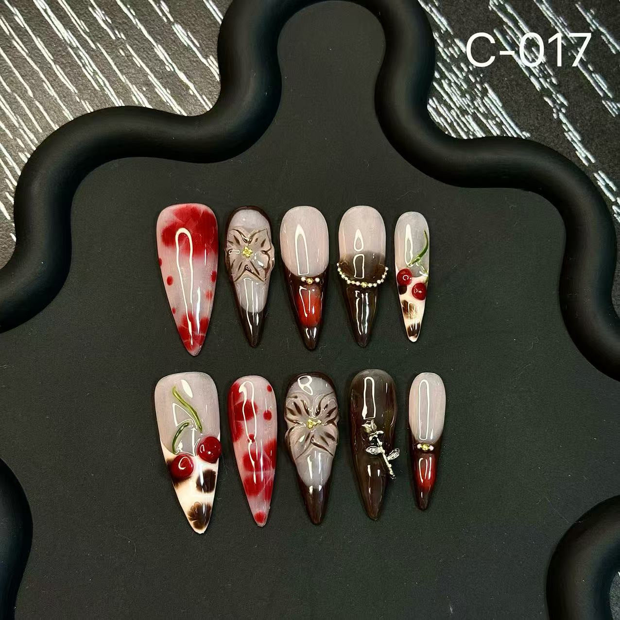 Hot-selling sweet and cool cherry engraved diamond embellished fake nail finished product wholesale