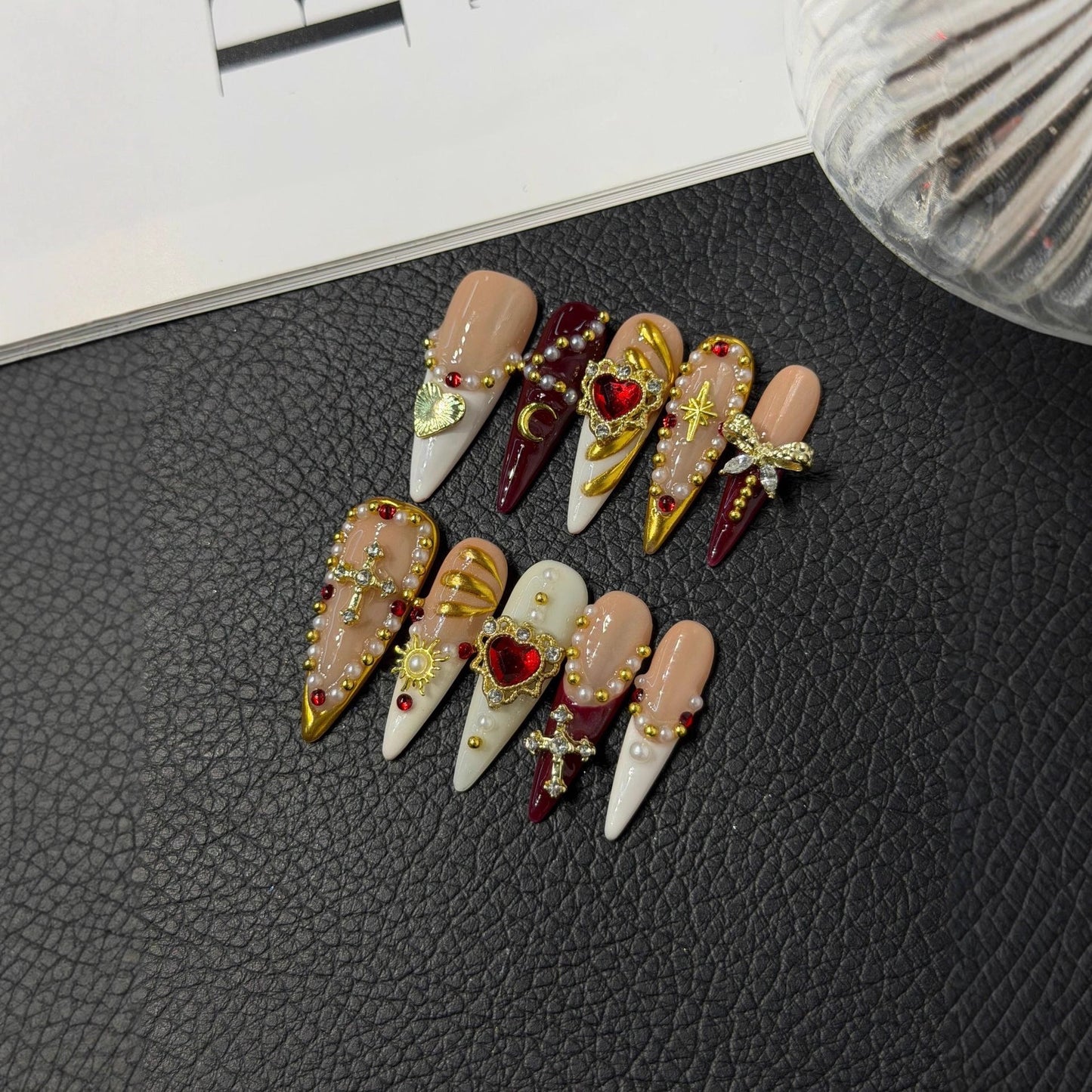 Vintage handcrafted designPress on Nails Naked Pink Burgundy Contrast Long Pointed Virgin Cross Luxury Beauty