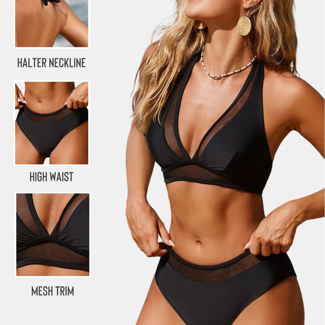 Mesh Panel Two Piece High Waist Bikini Halter Neck Sexy Slim Solid Color Bikini
