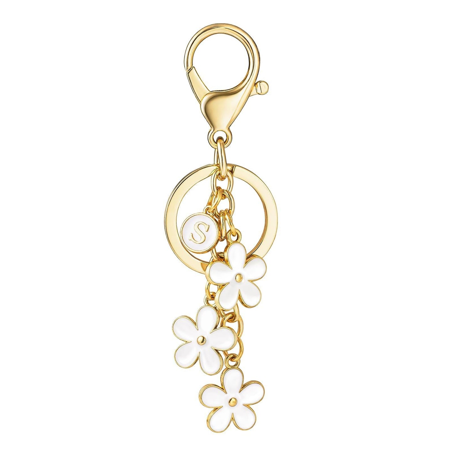 Initial Keychain White/Pink Flower Charms for Key Cute Letter Keyring Bag Charm 26 Letter Flower Cherry Blossom Daisy Keychain