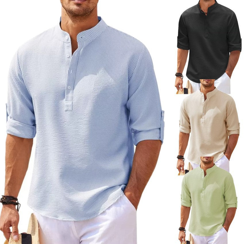 Stand Collar Button Shirt Summer Pineapple Texture Shirt Casual Top Men's Clothing in