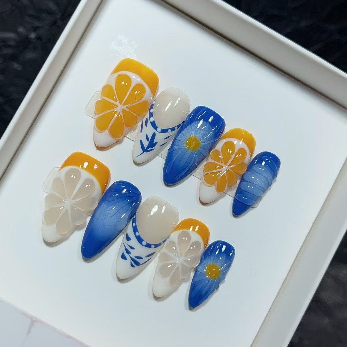 Blue Three-dimensional Flower Almond Press on Nails Finger Niche Light Luxury
