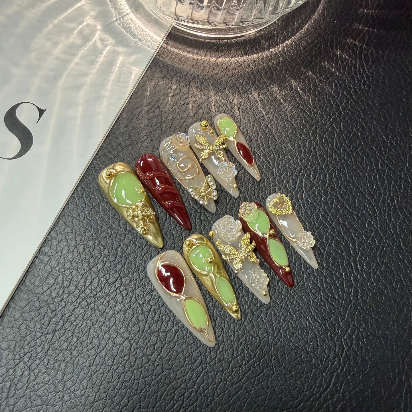 Original for Press on Nails Long pointed butterfly Camellia handcrafted design for wearable armor