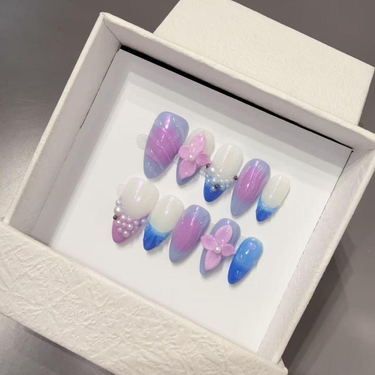 3D Carved Embossed Aurora Armor Ice Blush Pearl Sweet Cool Babes Press on Nails