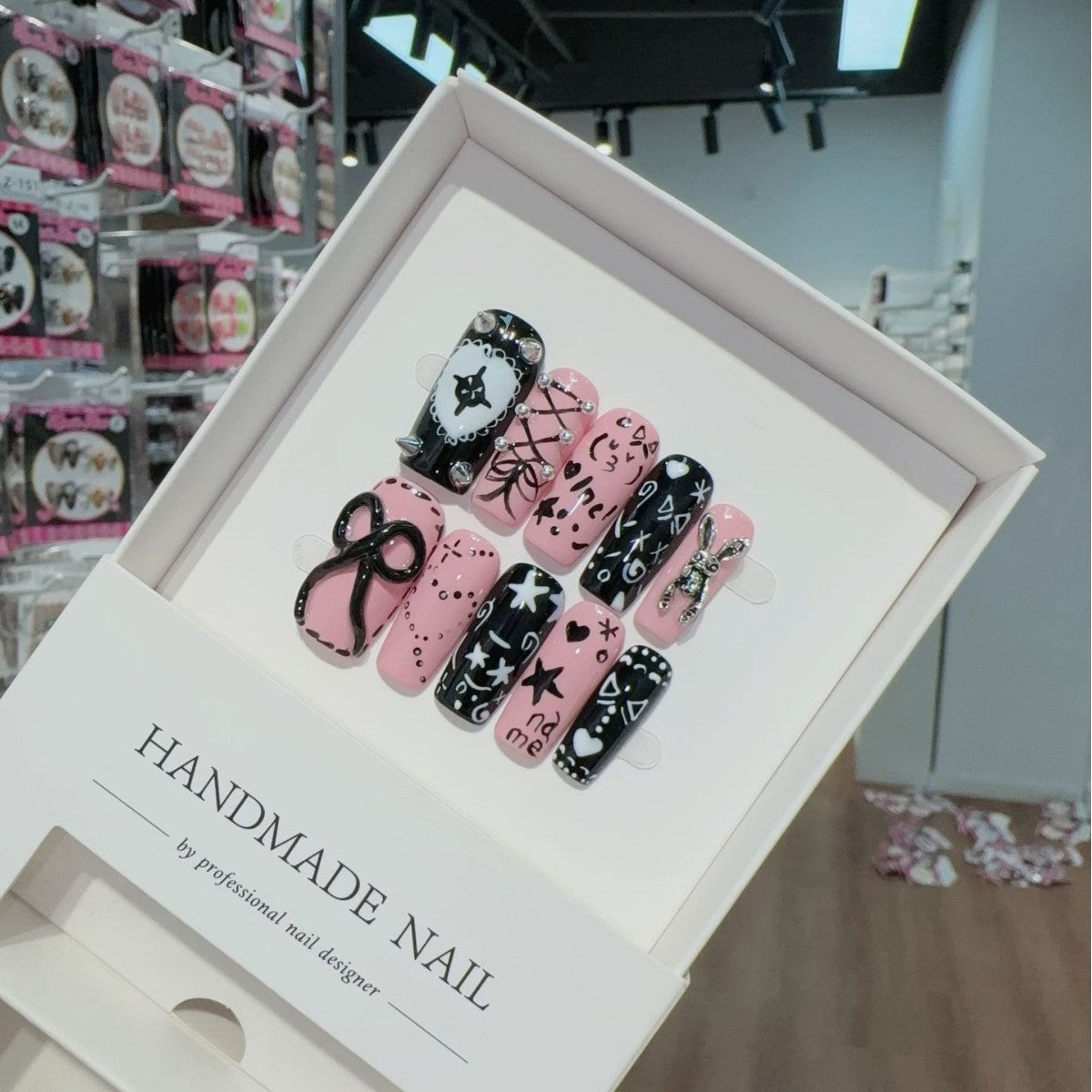 Hand Painted Babes Sweet Cool Mid Right Angle Handmade Press on Nails Wholesale