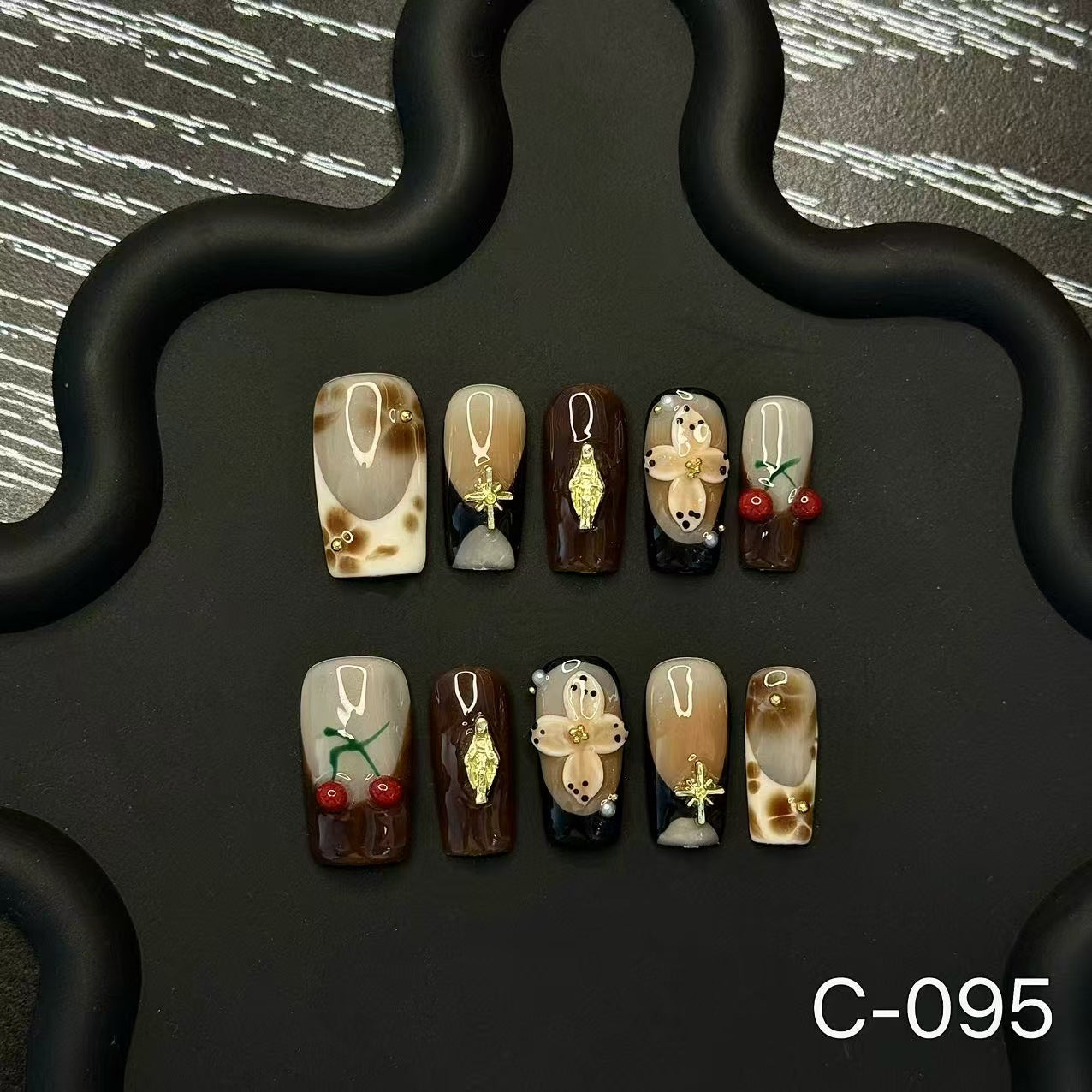Handmade Press on Nails Autumn Brown Naked Contrast Gold Cherry Blossom Diamond Retro Light Luxury