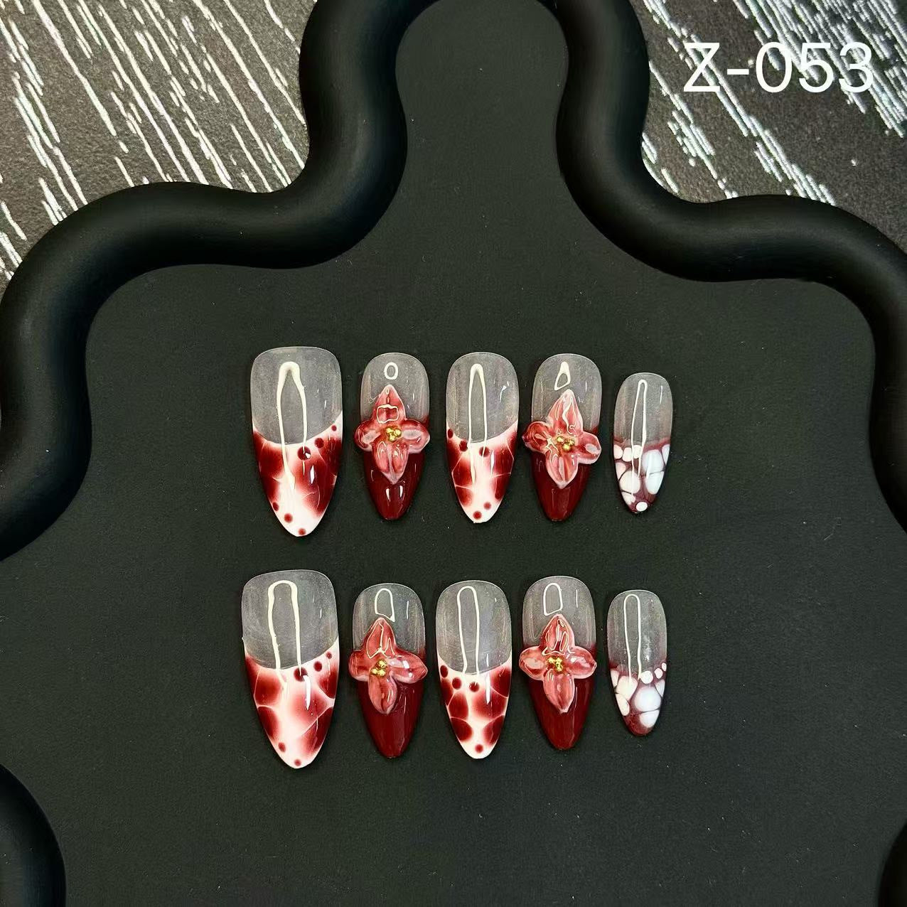 Tropical Flower Smudge Hand Painted Three-dimensional Carving French Advanced White Press on Nails Beauty