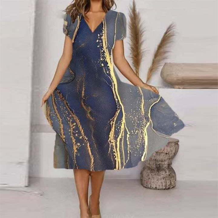 V Neck Bohemian Print Short Sleeve Dress - Flowy Casual Summer Dress with Elastic Waist
