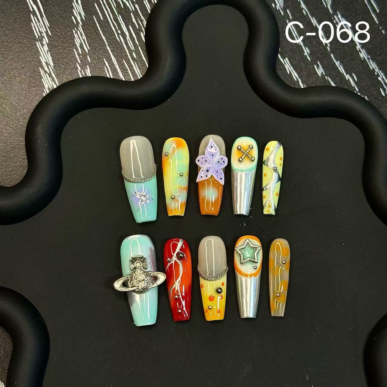 Multi-element hand-painted engraving, colored nail super long card plate nail piece, worn by hot girls
