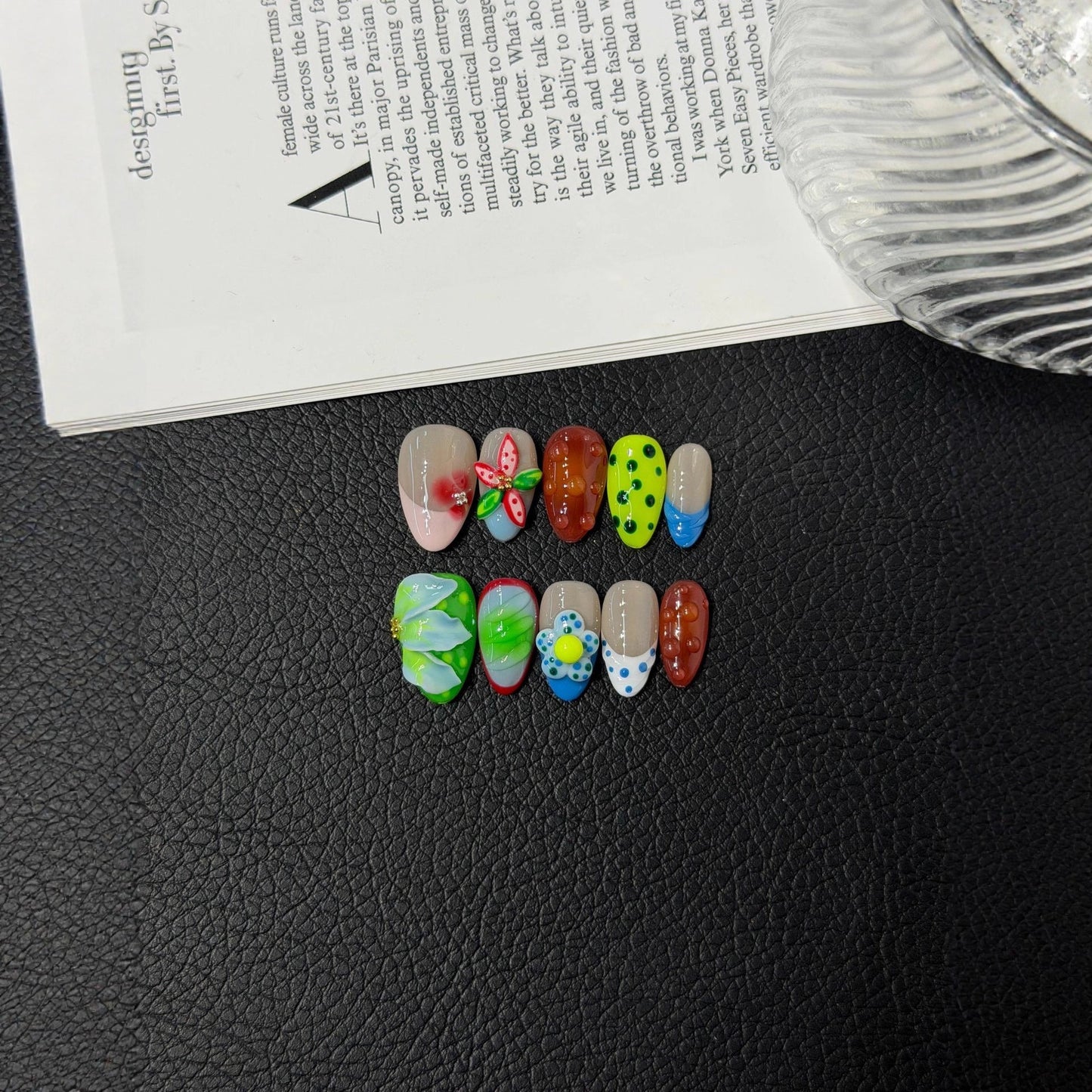 Original Handcrafted Colorful Carved Petals Press on Nails Handcrafted