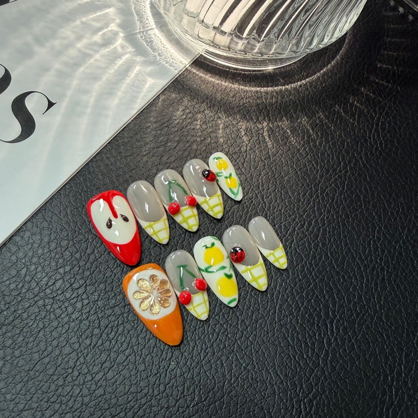 Hot Selling 3D Stereo Almond Press on Nails Dopamine Fruit Carving Flower Handmade Wholesale