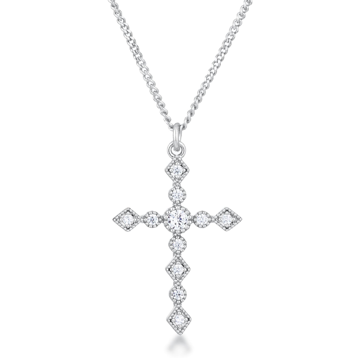 Avera Dainty Art Deco Plated CZ Cross Pendant - Pink Stone