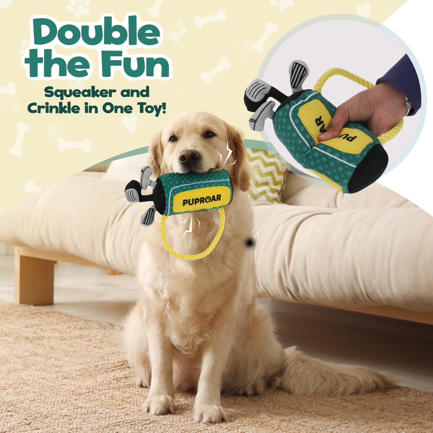 PUPROAR Golf Dog Toy | Cute Squeaky Plush Dog Toy with Rope & Crinkle