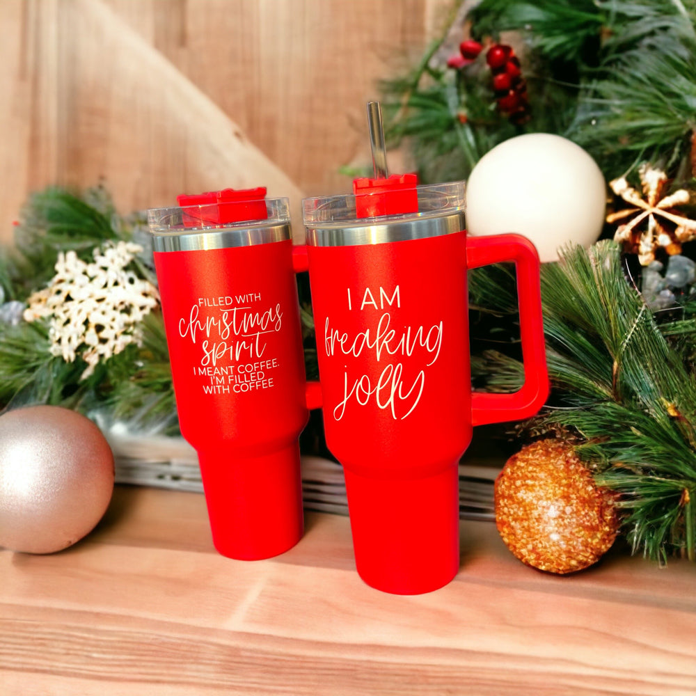 Weihnachts-Kaffeebecher 40oz Isolierbecher mit Griff Deckel Strohhalm Rot