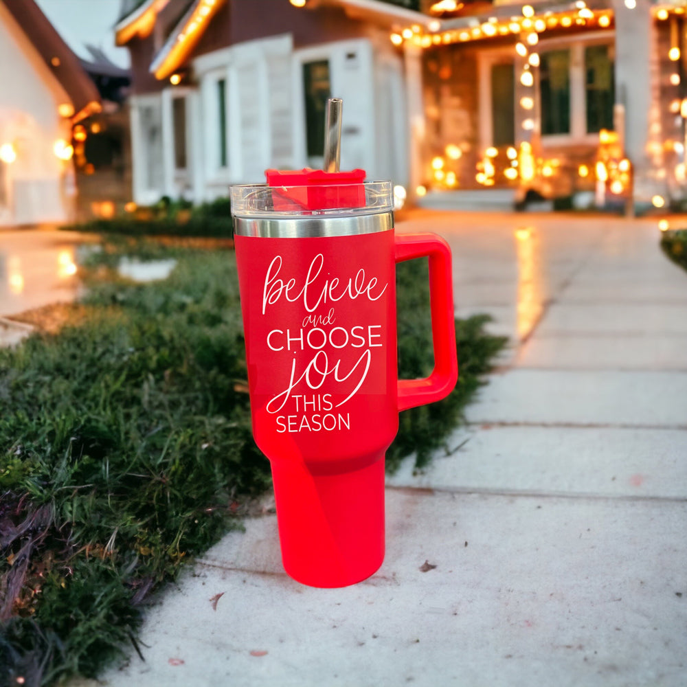 Believe Joy 40oz Insulated Tumbler With Handle Lid Straw Holiday Travel Mug