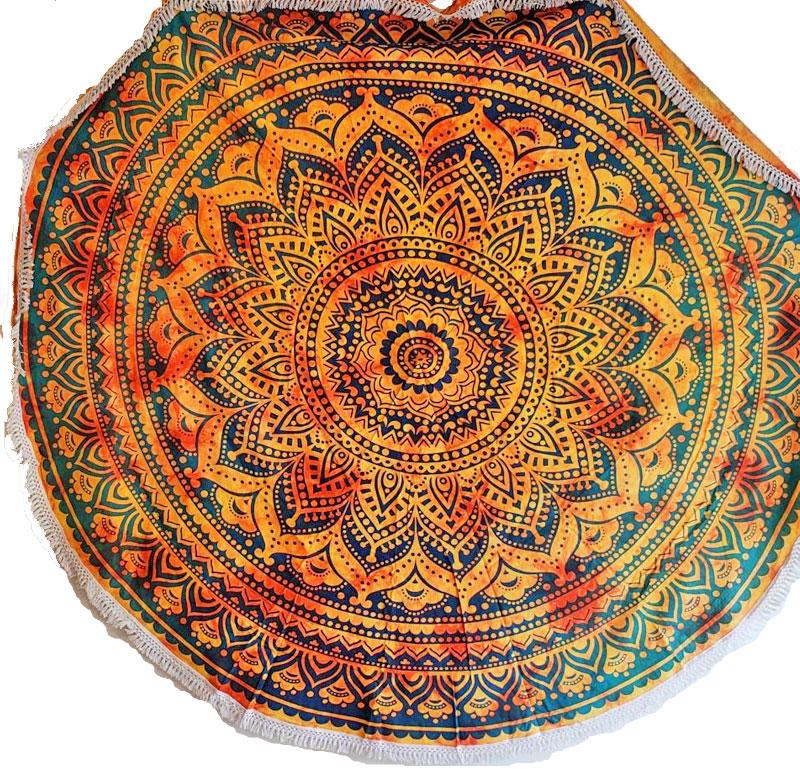 Tapisserie Ronde en Coton avec Mandala au Henné et Bordure en Dentelle de 70 Pouces