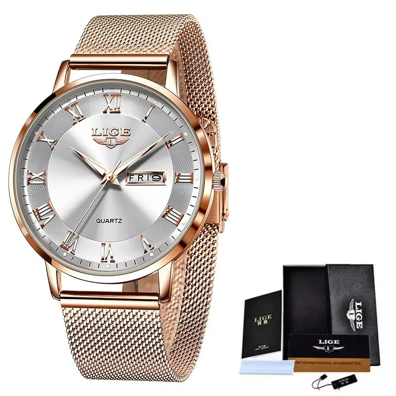 Damen Roségoldfarbene Mesh-Uhr Silbernes Zifferblatt Slim Wasserdicht