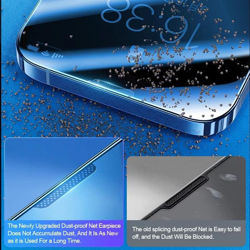 2PCS Alloy Dust Net Tempered Glass for Iphone 14 13 12 11 Pro XS MAX XR Screen Protector for IPhone 13Mini 14Plus Protective Glass Full Edge-to-Edge Screen Protection Glue Tempered Glass for iPhone