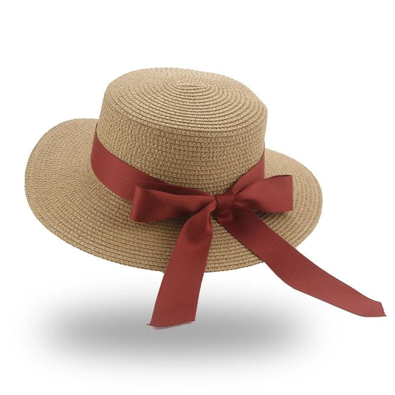 Elegant Adult Bucket Hat Beach Summer Straw Hats for Women Beach Sun Straw Hat Wide Luxury Comfortable Hat Flat Top Ribbon Bowknot Elegant Luxury Women Summer Hat 56-58cm