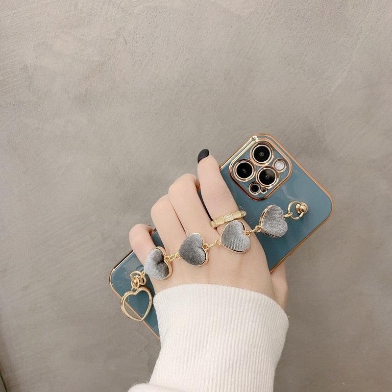 Luxury Women Silicone Phone Case Cover With Wrist Chain Bracelet for iPhone Wristband Bracelet Hand Holder Cover for iPhone 13 12 11 Pro Max plating Case Heart Chain Cases for iPhone 7 8 Plus XR XS Max X