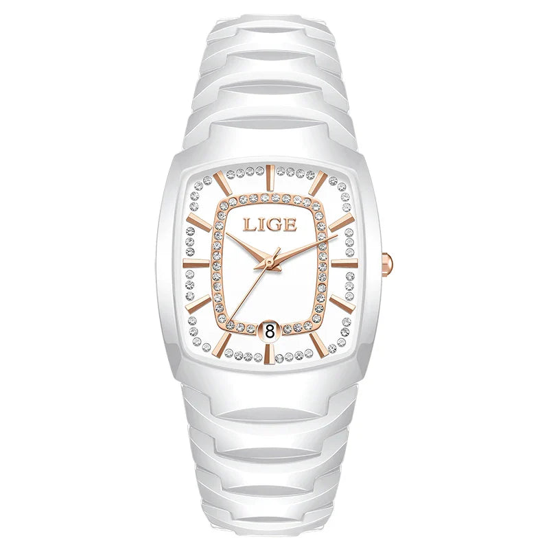 Montre-bracelet à quartz en céramique blanche et cristal pour femme, idée cadeau