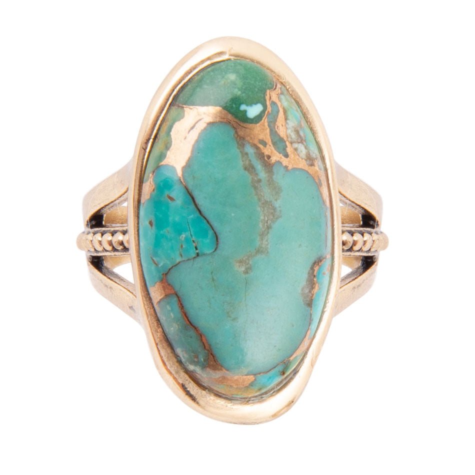 Blue Turquoise and Bronze Matrix Golden Oval Ring - ThisandThatShoppe