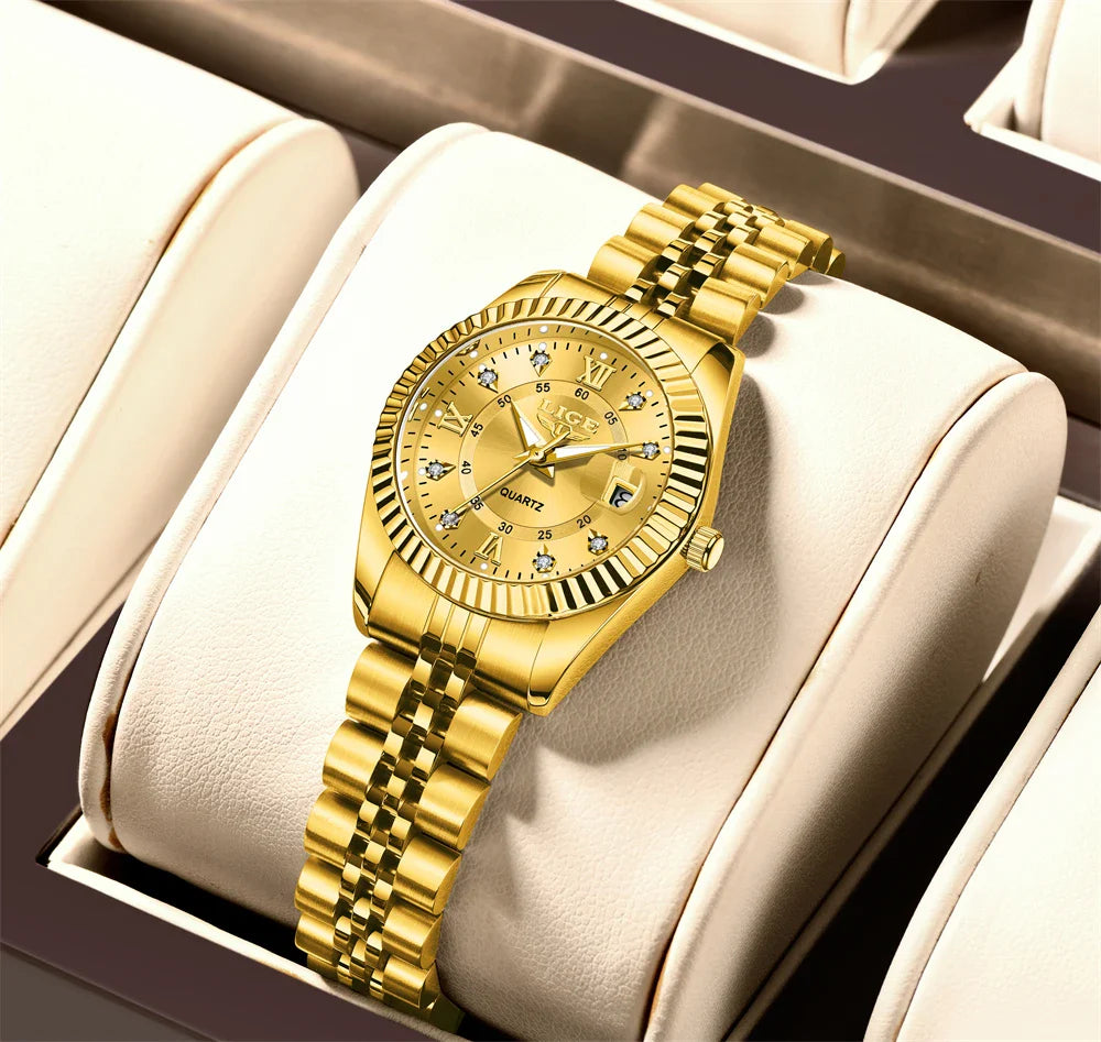 Damen-Edelstahl-Zweifarb-Datumsanzeige-Uhr Elegant Quarz
