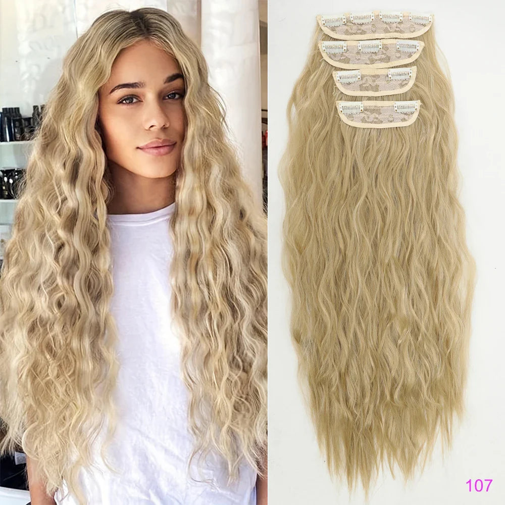 Voluminous Brown-Blonde Clip-In Extensions: 60.96 cm Wavy & Curly Synthetic Hair Set