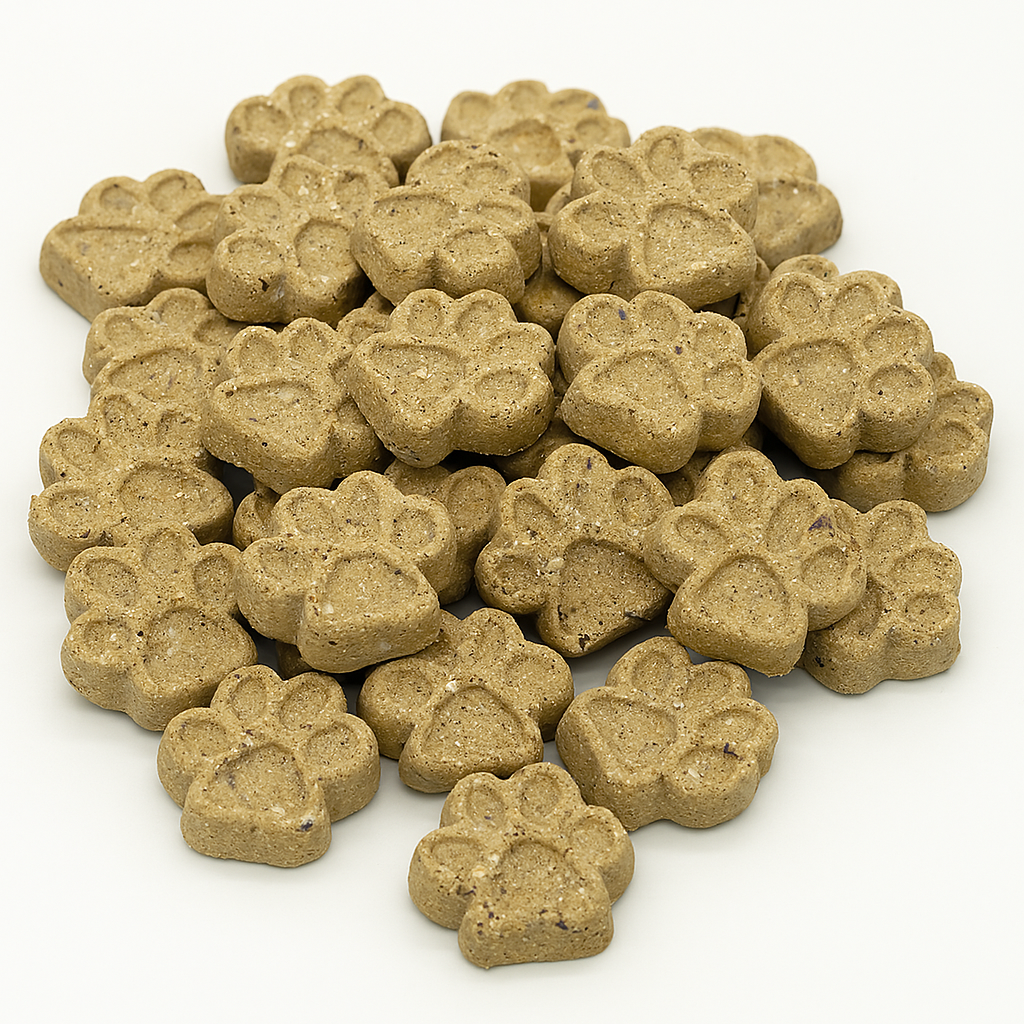 Pizza Paws soft baked dog treats shaped like pizza bites with cheese and tomato flavor