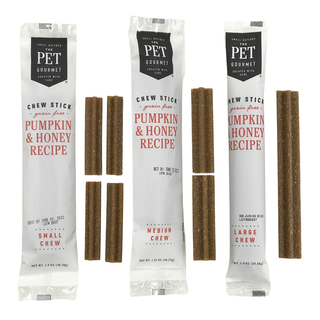 Pumpkin & Honey Chew Sticks for dogs, natural dental treats in small and large sizes, individually wrapped