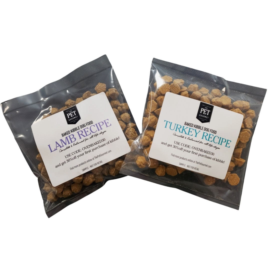 Oven Baked Kibble Sampler PackPet SuppliesWondering if your dog will love our Oven Baked Kibble? Try it out with our sample pack! Includes 1 Lamb and 1 Turkey Sample.
For puppies, feed two times the adult a