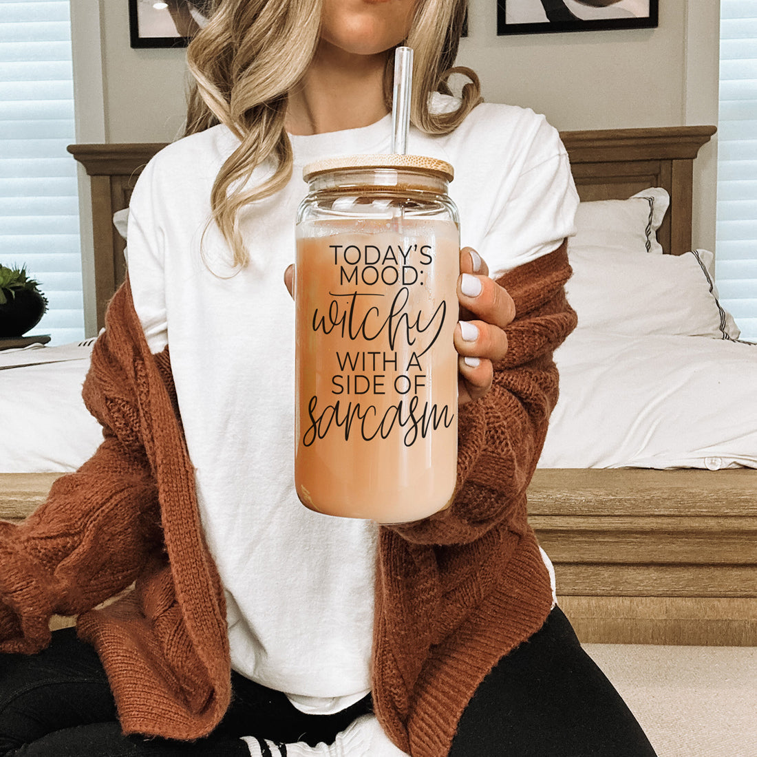 20oz Glasbecher Hocus Pocus Kaffeezitat mit Bambusdeckel, Strohhalmen und Reiniger
