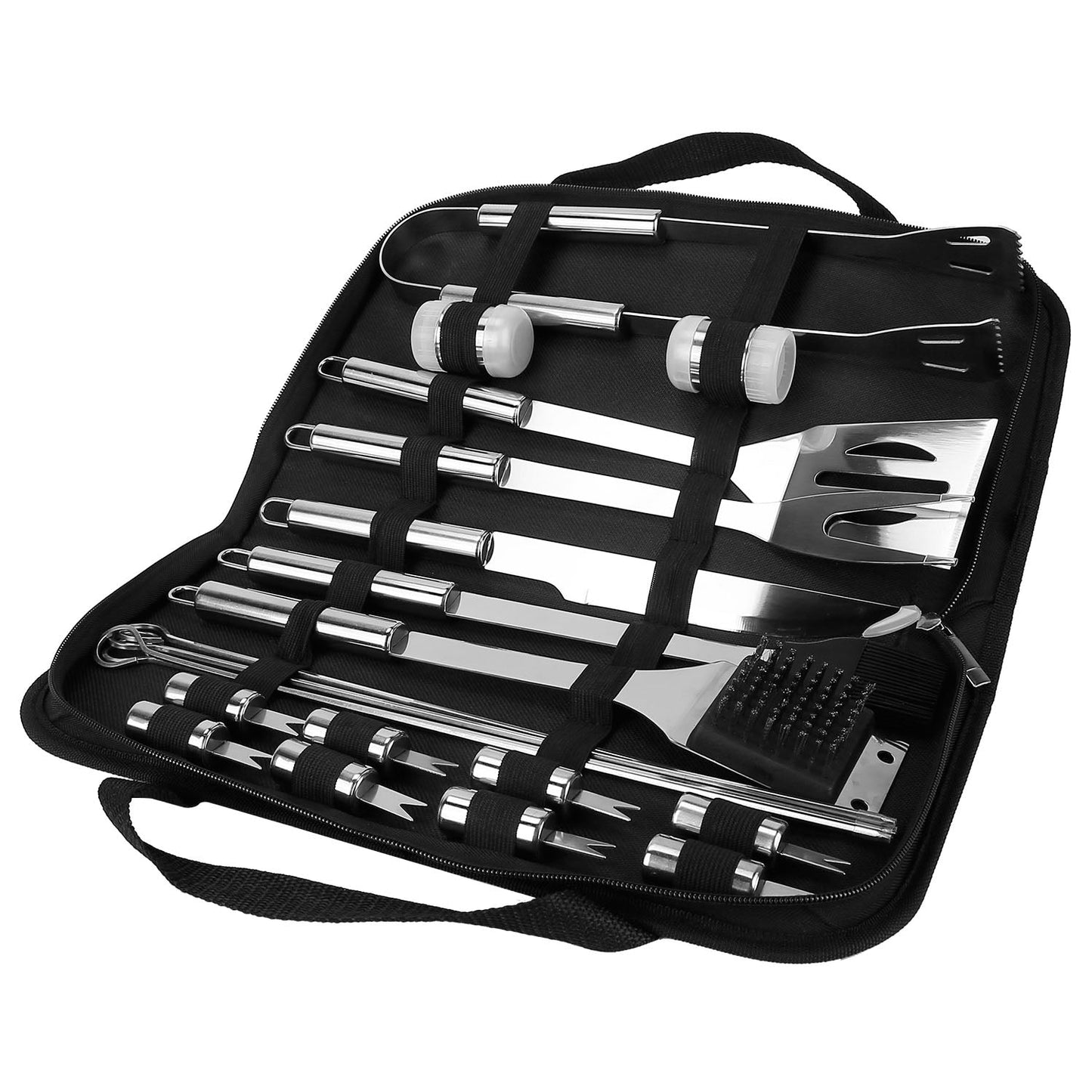 Edelstahl BBQ Grill-Werkzeugset Grillzubehör mit Spatula Zange Gabel Messer
Pinsel Pfeffer Salzstreuer Flasche Gegrillte Spieße Maiskolbenhalter