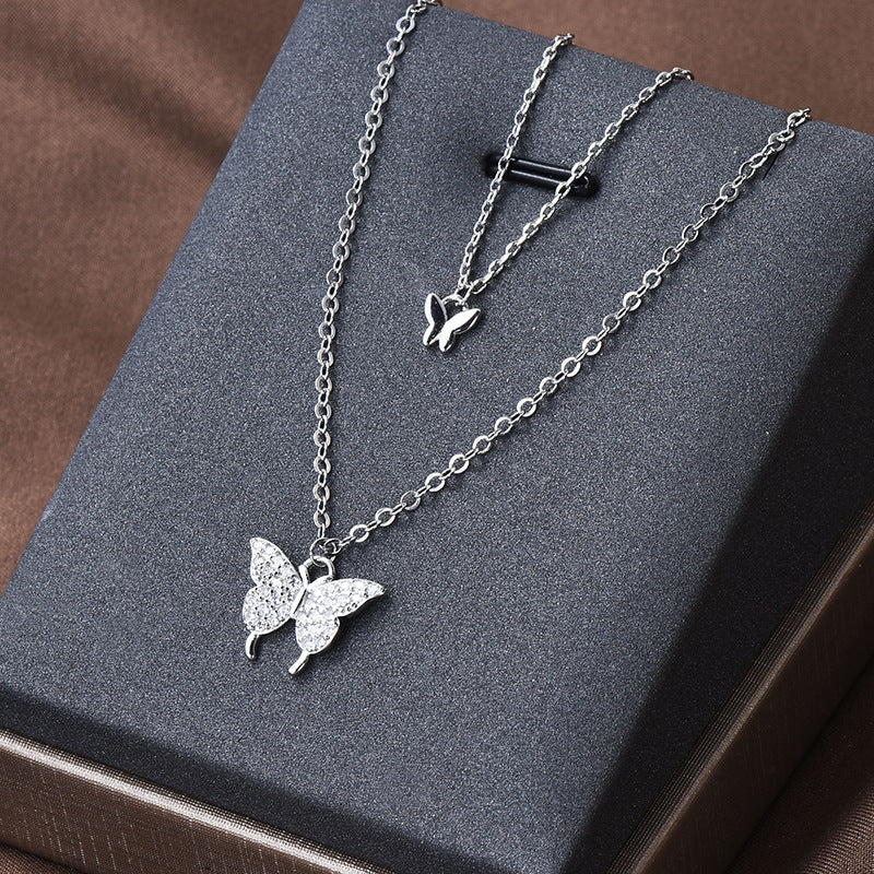 Double Layer Zircon Butterfly Necklace For Women, Dainty Stacked Collarbone Chain, Adjustable Long Sweater Chain Minimal Fashion Jewelry