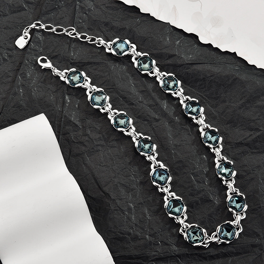 Grey Oval Cubic Zirconia Matching Jewelry Set For Women, Silver Choker Necklace & Bracelet 2Pcs Elegant Wedding Party Fashion Jewelry