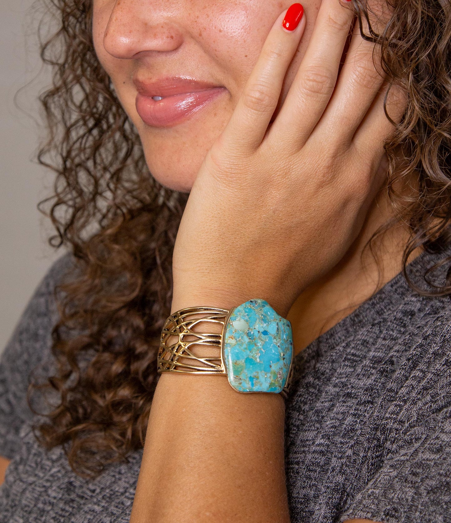 Abstract Blue Turquoise Golden Statement Cuff - ThisandThatShoppe