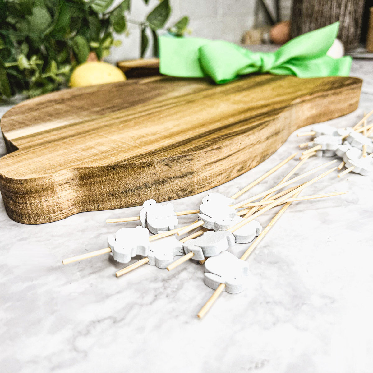 Acacia Wood Bunny Cutting Board With 20 Bunny Toothpicks And Ribbon Gift