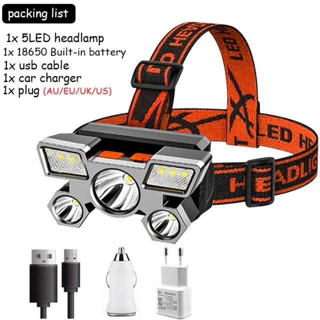 Adjustable USB Rechargeable Torch Lamp Built-in Battery 5 Led Strong Headlight Waterproof Rechargeable Super Bright Head-Mounted Flashlight For Outdoor Night Camping