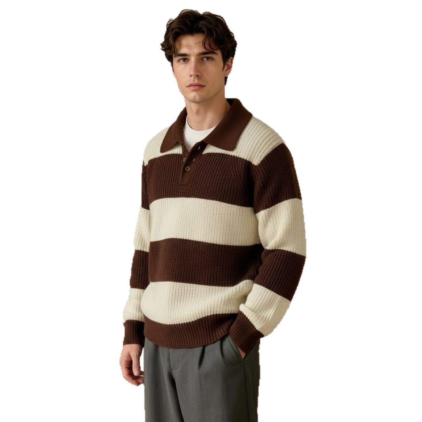 Mens Drop-shoulder Striped Lapel Loose-fit Sweater