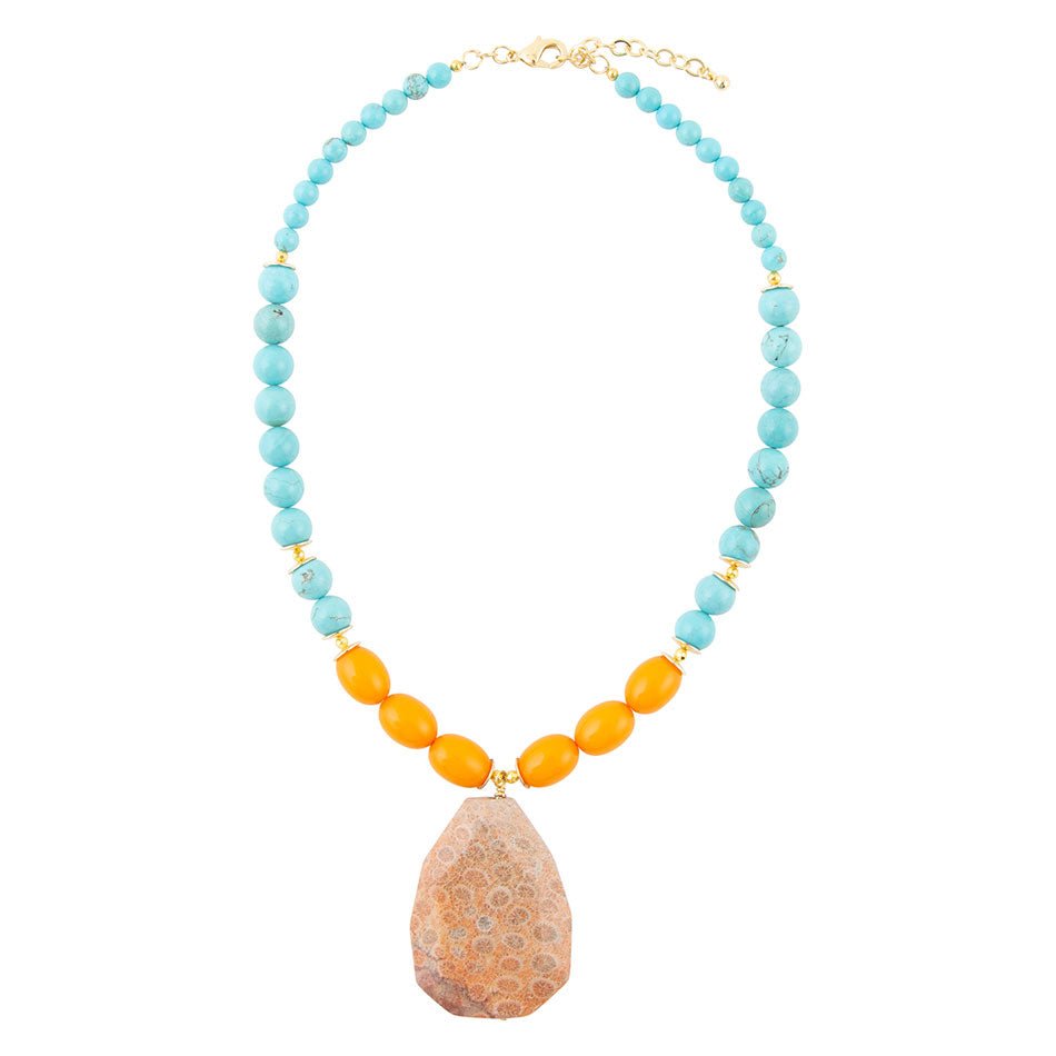 Apricot Fossil Blue Magnesite Golden Pendant Necklace - ThisandThatShoppe