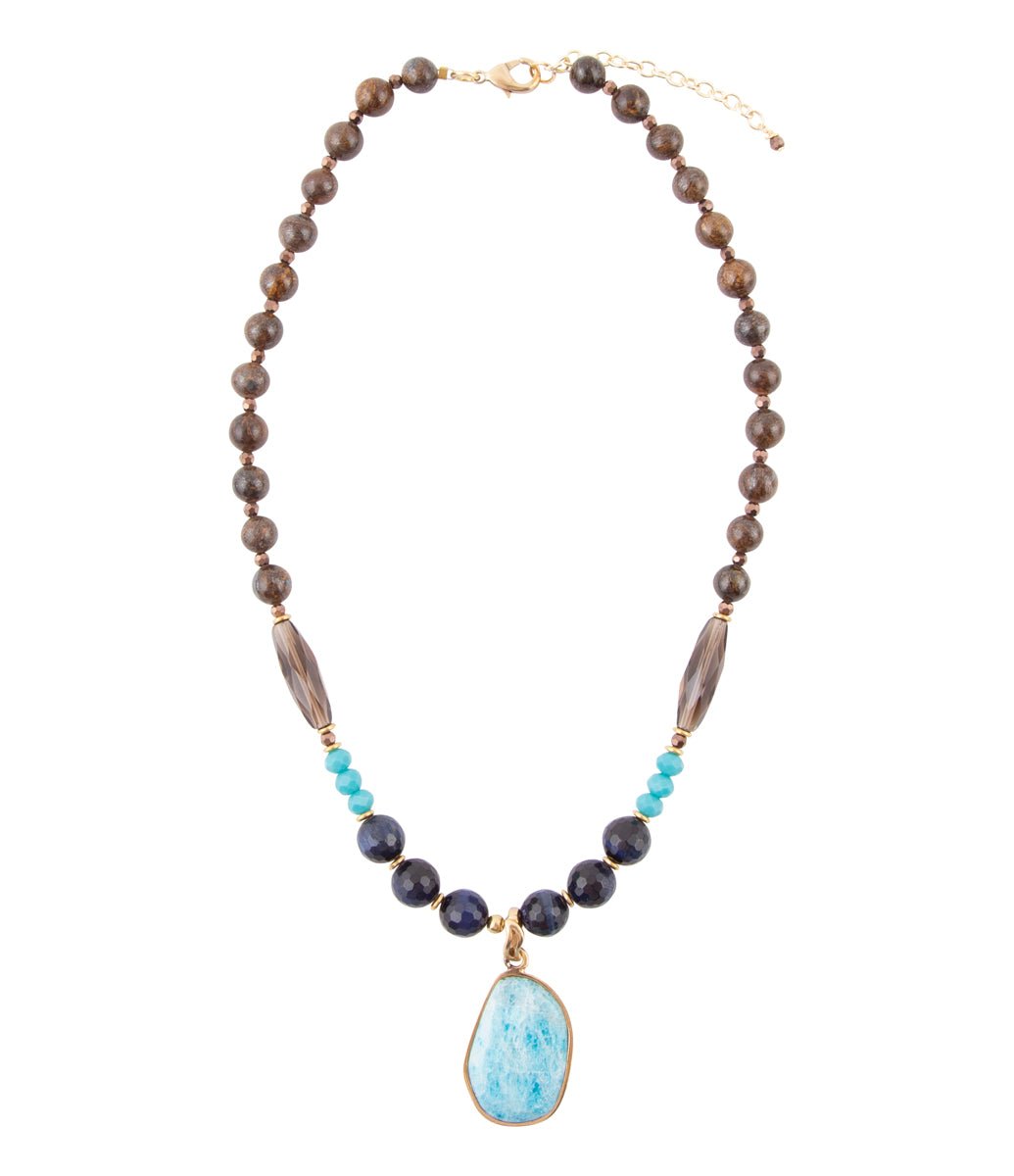 Argo Blue Apatite and Brown Tiger's Eye Golden Pendant Necklace - ThisandThatShoppe