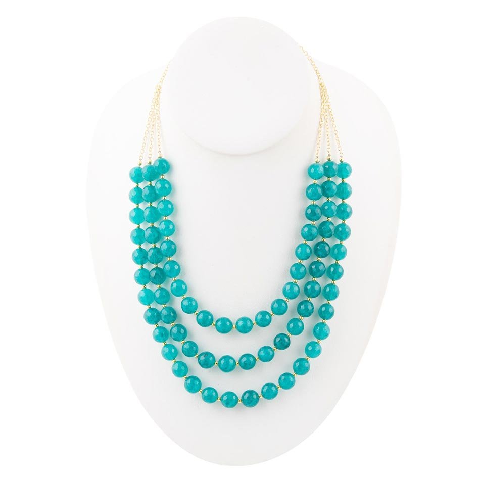 Argo Blue Teal Jade Triple Strand Golden Necklace - ThisandThatShoppe