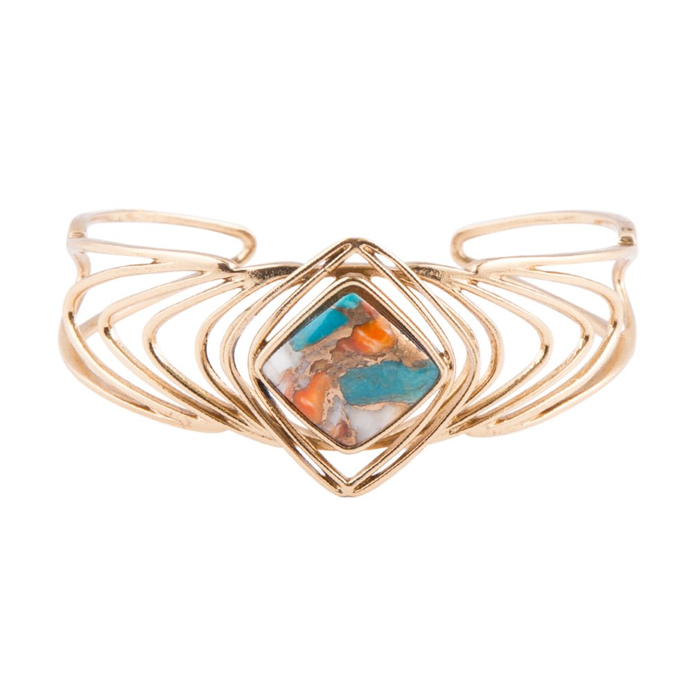 Arrows Blue Turquoise and Orange Spiny Oyster Matrix Golden Cuff Bracelet - ThisandThatShoppe