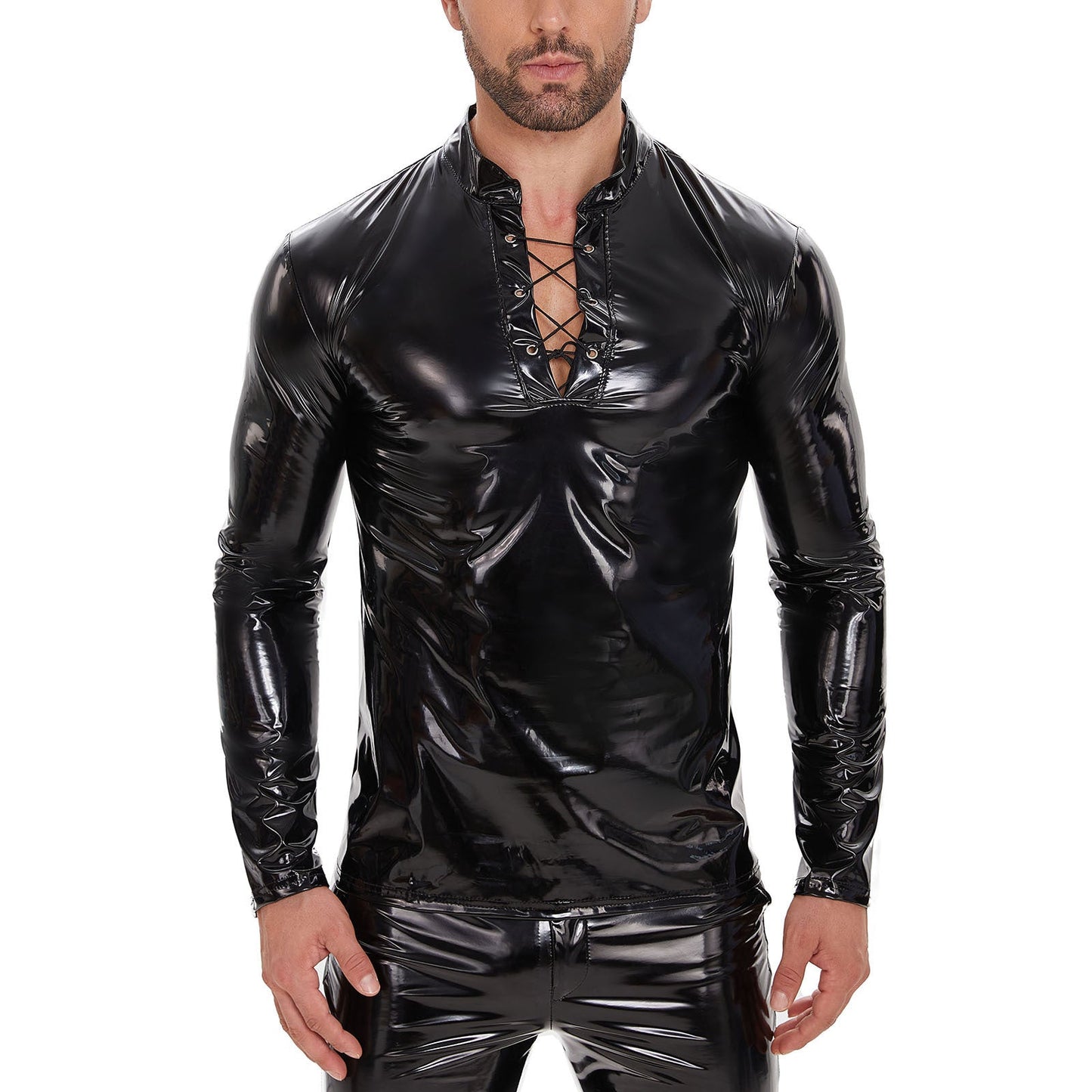 Men's Shiny Leather Long-sleeve Casual Top